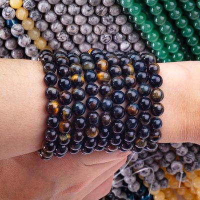 سنگ قیمتی کریستالی طبیعی زرد آبی چشم ببر رشته های گره گشاده نیمه گرانبها برای ساخت جواهرات DIY