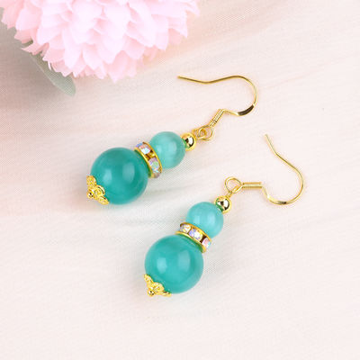 8MM 10MM چشم گربه سبز سنگ قیمتی دست ساز گوشواره Dangle شکل توپ کوتاه گوشواره برای جواهرات هدیه