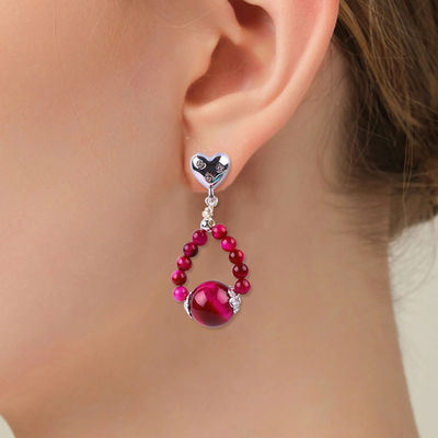گوشواره های دست ساز سنگ کریستال گل رز چشم ببر قرمز سنگ قیمتی قلب پرنده دار گوشواره های معلق