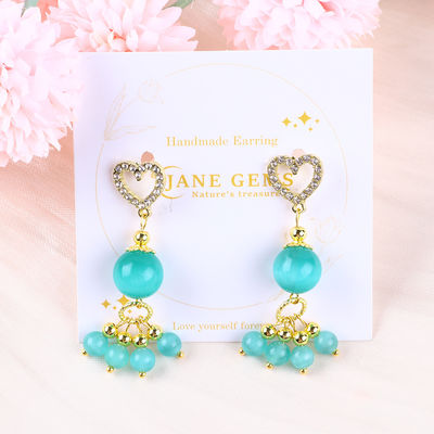 دست سازي 6MM 12MM سنگ گوهر سبز چشم گربه با گوشواره دل استد Dangle برای هدیه دادن